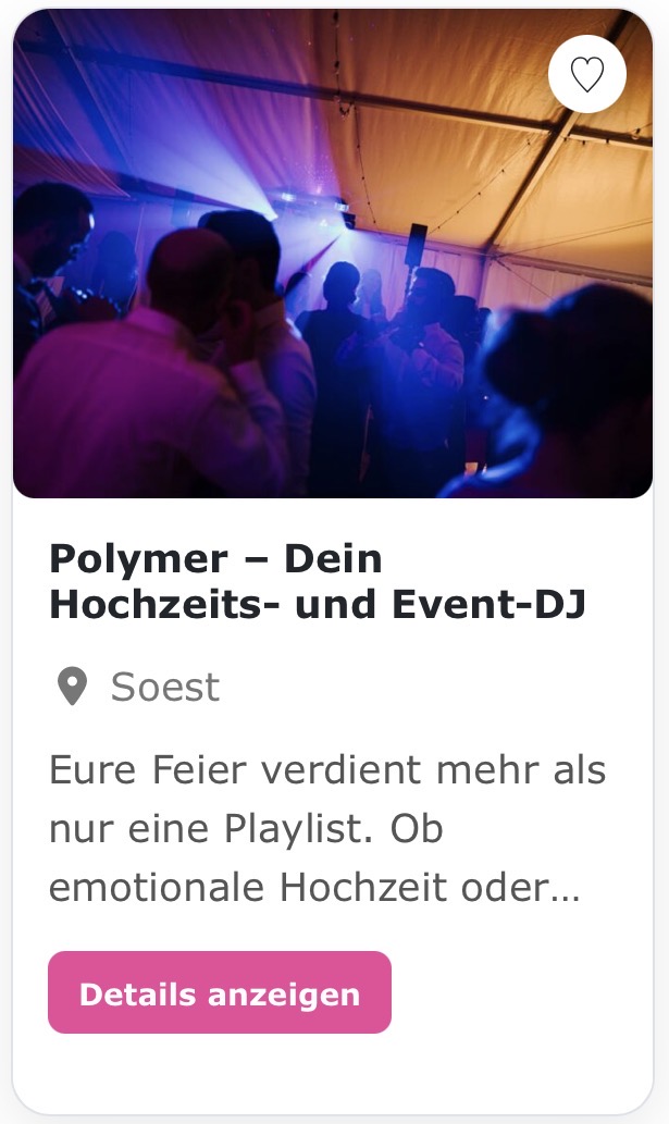 Hochzeits & Event DJ „Polymer“ Eure Feier verdient mehr als nur eine Playlist. Ob emotionale Hochzeit oder stilvolles Firmenevent – ich sorge für volle Tanzflächen, die richtige Stimmung und einen Abend, der euren Gästen lange in Erinnerung bleibt. 🎶 Was euch erwartet: ✔️ Zuverlässige Premium-Technik, auf die ihr bauen könnt ✔️ Club-Feeling trifft Hochzeitsmagie ✔️ Euer Musikstil, perfekt vorbereitet ✔️ Ohne Ego – 100 % Fokus auf euch ✔️ Jahrelange Erfahrung und Routine vor eurer Tanzfläche Für Brautpaare bedeutet das: entspannte Planung, volle Tanzfläche und echte Gänsehautmomente. Für Firmen: professioneller Ablauf, passender Sound und Events mit Atmosphäre. 📩 Jetzt unverbindlich anfragen