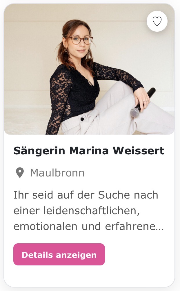 Hochzeitssängerin „Marina Weissert“ Ihr seid auf der Suche nach einer leidenschaftlichen, emotionalen und erfahrenen Sängerin, die euch und euren Gästen eine Gänsehaut zaubert? Dann seid ihr bei mir absolut richtig.Mit meinen 15 Jahren Erfahrung mache ich eure Trauung - ganz abgestimmt auf eure Wünsche und Vorstellungen - zu einem noch einzigartigeren Erlebnis.Kontaktiert mich gerne und wir planen zusammen euren unvergesslichen Tag.