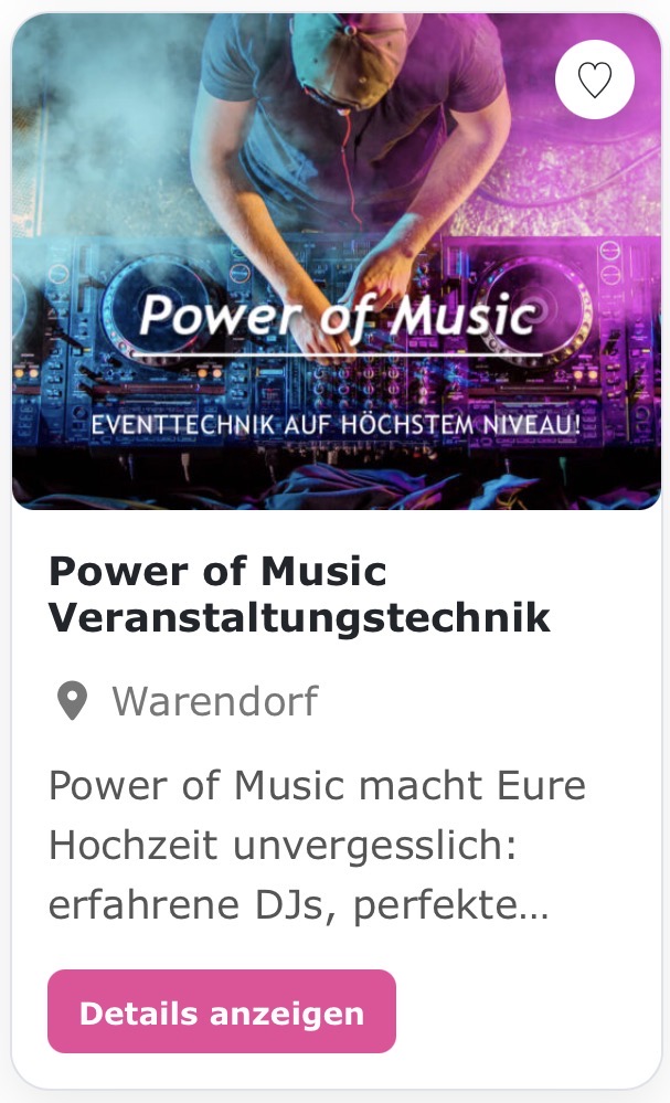 Veranstaltungstechnik | Hochzeits DJ „Power of Music“ Power of Music macht Eure Hochzeit unvergesslich: erfahrene DJs, perfekte Musikauswahl und professionelle Ton- und Lichttechnik für eine stimmungsvolle Feier, die in Erinnerung bleibt.