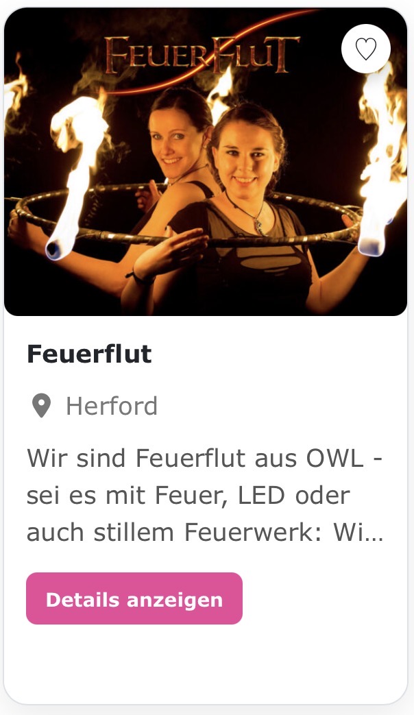 Feuerwerk & Feuershow „Feuerflut“ Wir sind Feuerflut aus OWL - sei es mit Feuer, LED oder auch stillem Feuerwerk: Wir reißen euch mit und sorgen mit unserer Show für ein einzigartiges Highlight bei eurer Feier!