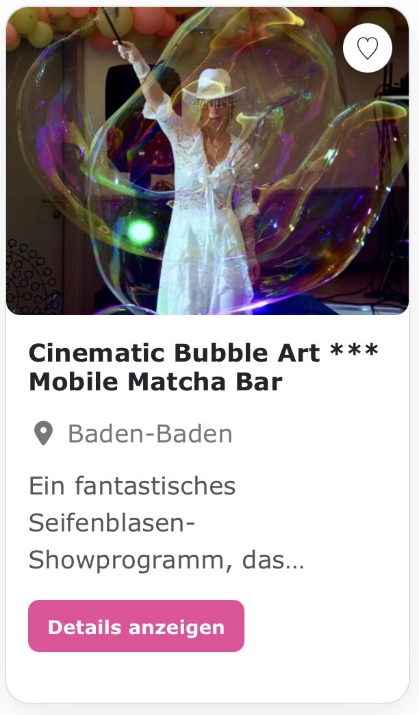Seifenblasen Kunst „Cinematic Bubble Art“ Ein fantastisches Seifenblasen-Showprogramm, das Eleganz, Magie und Staunen verbindet – ein visuelles Spektakel für Gäste jeden Alters, perfekt als stilvolle Walking-Act-Performance oder als punktuelles Bühnenhighlight.. Eine Show, die Hochzeitsfeier in ein märchenhaftes Erlebnis voller Licht, Rauch, Magie, Romantik, Leichtigkeit, aufrichtiger Emotionen verwandelt. Es ist nicht nur eine Show - es sind Momente der Begeisterung, die den Gästen noch viele Jahre in Erinnerung bleiben.