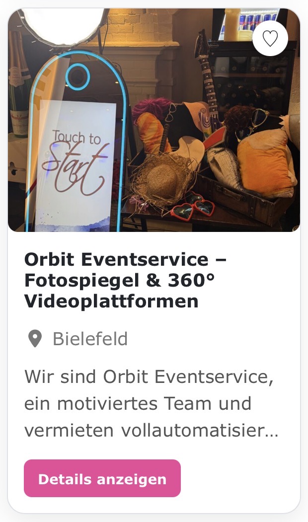Fotospiegel & 360 Grad Fotoplattform „Orbit Eventservice“ Wir sind Orbit Eventservice, ein motiviertes Team und vermieten vollautomatisierte Fotoboxen, Fotospiegel, sowie 360° Grad Spincam-Systeme in Ostwestfalen-Lippe und Umgebung.