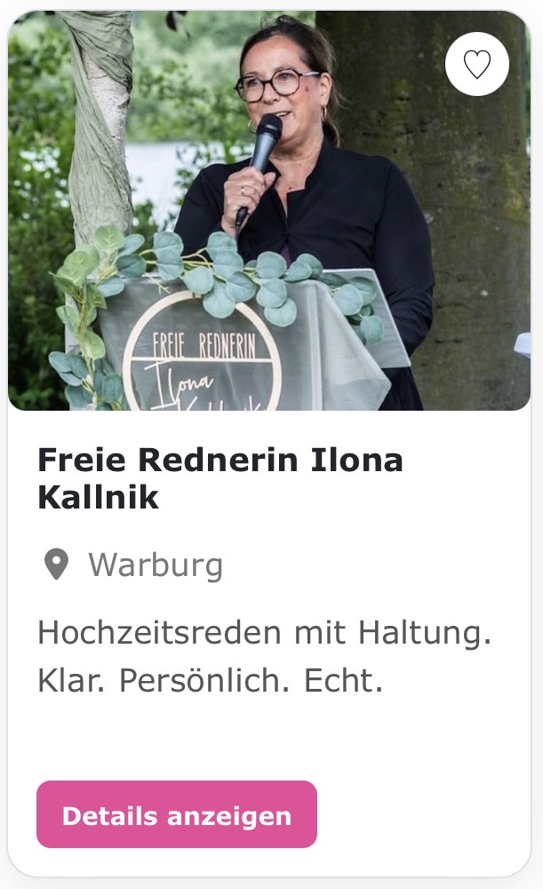 Freie Hochzeitsrednerin „Ilona Kallnik“ Hochzeitsreden mit Haltung. Klar. Persönlich. Echt.