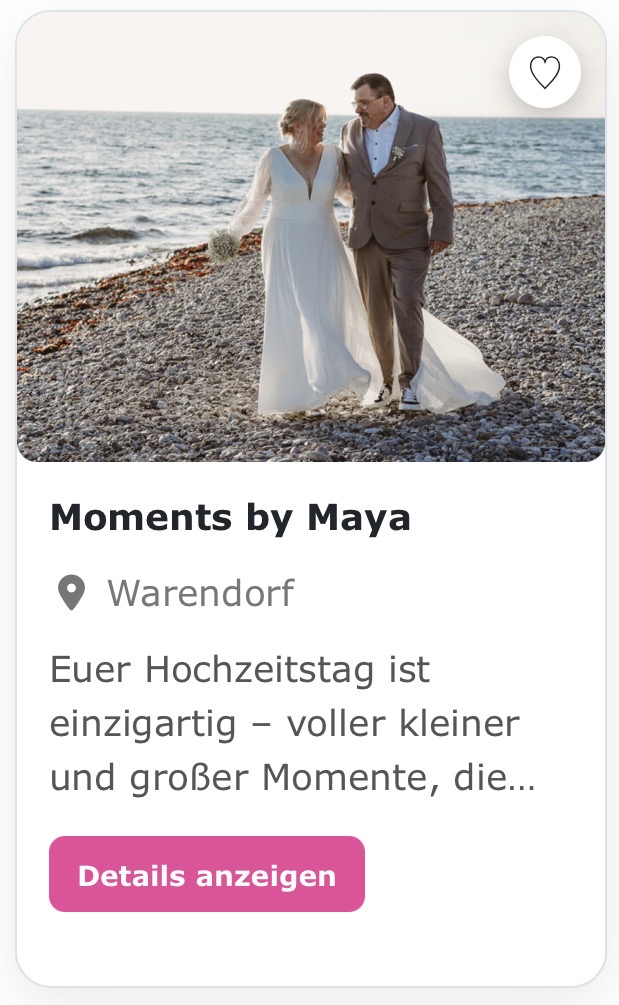 Hochzeitsfotografin „Moments by Maja“ Euer Hochzeitstag ist einzigartig – voller kleiner und großer Momente, die viel zu schnell vorbeigehen. Ich halte jeden Moment einfühlsam für euch fest, damit ihr ihn ein Leben lang wieder erleben könnt.