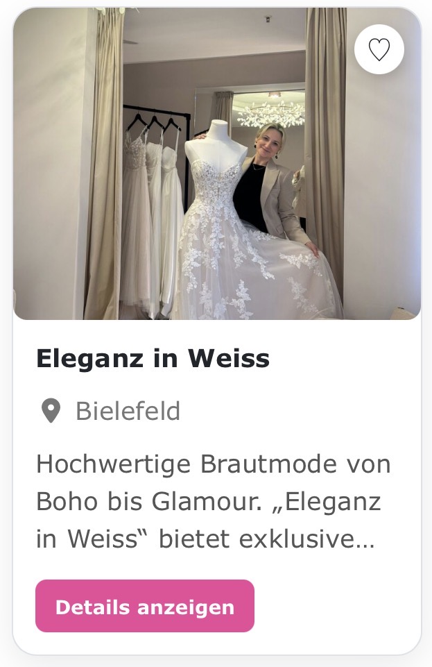 Brautmode & Brautkleider „Eleganz in Weiß“ Bielefeld Hochwertige Brautmode von Boho bis Glamour. „Eleganz in Weiss“ bietet exklusive Designer-Kleider, Standesamt-Looks und Accessoires in privater Atmosphäre mit persönlicher Beratung.