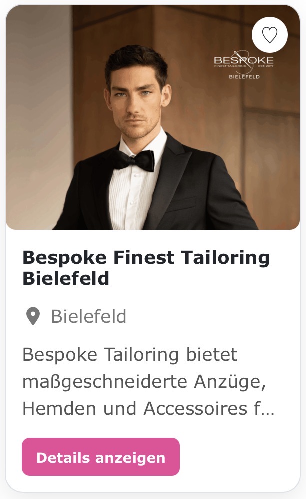 Hochzeitsanzug Hochzeitskleidung „Bespoke Bielefeld“ Bespoke Tailoring bietet maßgeschneiderte Anzüge, Hemden und Accessoires für den besonderen Tag. Exzellente Handarbeit, persönliche Beratung und hochwertige Stoffe sorgen für einen stilvollen Auftritt bei jeder Hochzeit.
