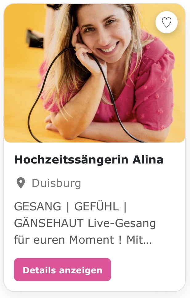 Hochzeitssängerin „Alina“ GESANG | GEFÜHL | GÄNSEHAUT Live-Gesang für euren Moment ! Mit meinem Gesang und ganz viel Gefühl werde ich für Gänsehaut an eurem großen Tag sorgen!