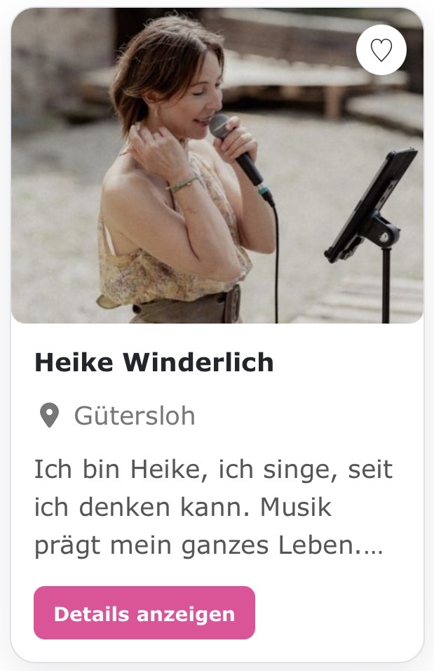 Hochzeitssängerin „Heike Winderlich“ Ich bin Heike, ich singe, seit ich denken kann. Musik prägt mein ganzes Leben. Hin und wieder bin ich auch als Rednerin unterwegs. Meldet euch gerne - gemeinsam finden wir ganz entspannt die Songs, die perfekt zu euch passen.