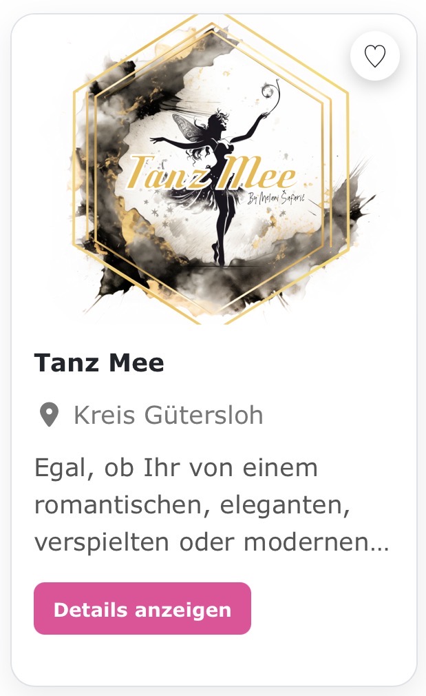 Hochzeitstanz & Tanzschule „Tanz Mee – Gütersloh „ Egal, ob Ihr von einem romantischen, eleganten, verspielten oder modernen Hochzeitstanz träumt – ich verwandle Eure Vision in einen einzigartigen Moment voller Emotionen. Gemeinsam kreieren wir eine Choreografie, die genau zu Euch, Eurer Geschichte und Eurem Lieblingslied passt.