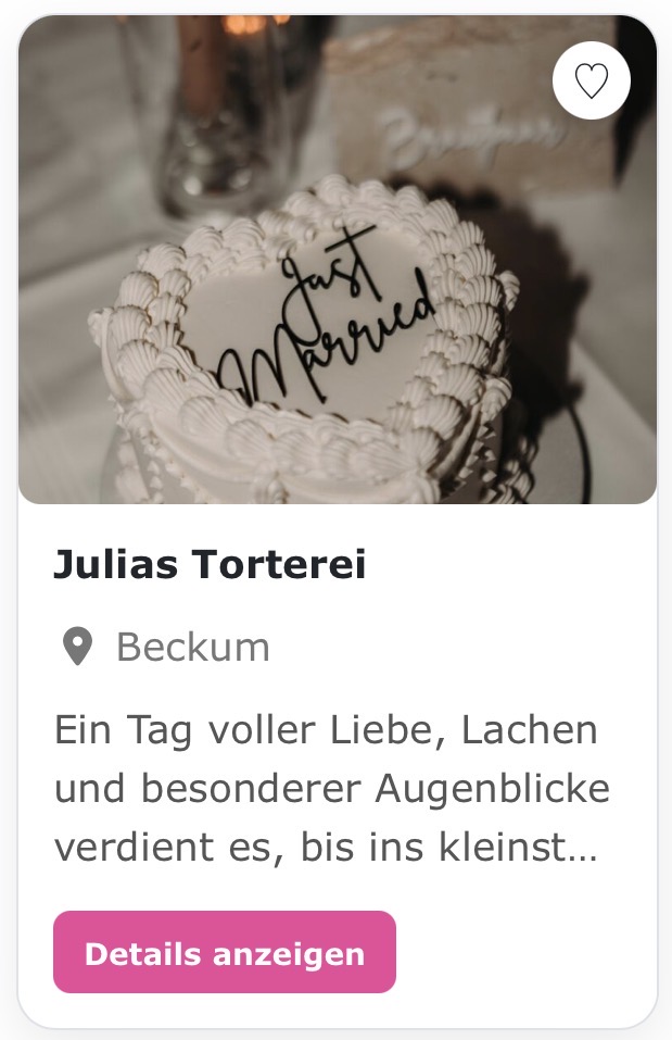 Hochzeitstorten „Julias Torterei“ Ein Tag voller Liebe, Lachen und besonderer Augenblicke verdient es, bis ins kleinste Detail perfekt zu sein Eure Liebe ist einzigartig – und genau das soll sich auch in eurer Hochzeitstorte widerspiegeln. Mit viel Herz und Liebe zum Detail gestalte ich für euch eine Torte, die nicht nur wunderschön aussieht, sondern euren besonderen Tag perfekt abrundet. Lasst uns gemeinsam eure perfekte Hochzeitstorte gestalten – abgestimmt auf eure Wünsche, euren Stil und eure ganz persönliche Geschichte. Ich freue mich auf euch! 🌸