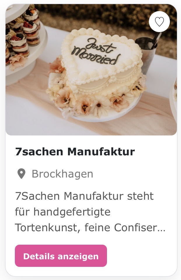 Hochzeitstorten „7sachen Manufaktur“ 7Sachen Manufaktur steht für handgefertigte Tortenkunst, feine Confiserie und süße Unikate aus Meisterhand. In liebevoller Handarbeit entstehen individuelle Hochzeitstorten, Festtagstorten, Pralinen, handgeschöpfte Schokoladen und feine Desserts. Jede Kreation wird mit hochwertigen Zutaten, viel Gefühl für Geschmack und einer klaren Designästhetik gefertigt – vom luftigen Biskuit über zarte Mousse bis zur perfekt eingestrichenen Creme. Ob Hochzeit, Geburtstag oder besonderes Event: Die 7Sachen Manufaktur macht aus süßen Ideen genussvolle Highlights. 🍰✨7Sachen Manufaktur steht für handgefertigte Tortenkunst, feine Confiserie und süße Unikate aus Meisterhand. In liebevoller Handarbeit entstehen individuelle Hochzeitstorten, Festtagstorten, Pralinen, handgeschöpfte Schokoladen und feine Desserts. Jede Kreation wird mit hochwertigen Zutaten, viel Gefühl für Geschmack und einer klaren Designästhetik gefertigt – vom luftigen Biskuit über zarte Mousse bis zur perfekt eingestrichenen Creme. Ob Hochzeit, Geburtstag oder besonderes Event: Die 7Sachen Manufaktur macht aus süßen Ideen genussvolle Highlights. 🍰✨