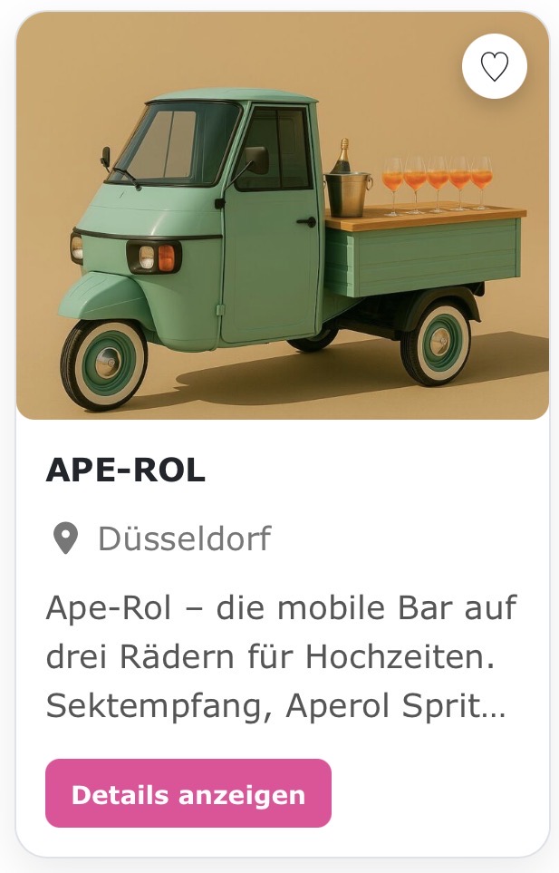 Mobile Bar „Ape-Rol“ Ape-Rol – die mobile Bar auf drei Rädern für Hochzeiten. Sektempfang, Aperol Spritz und italienisches Flair für euren besonderen Tag.